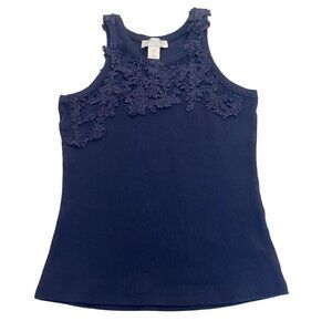Caroline Constas Navy Floral Applique Ribbed Tank Top High Neck - Size Medium